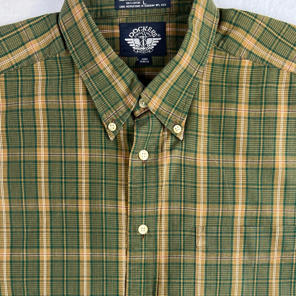 Dockers Long Sleeve Mens Large Green Yellow Red Plaid Button Down Long Sleeve